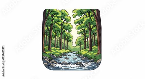 Lush forest with a winding stream flowing over rocks under bright, dappled sunlight