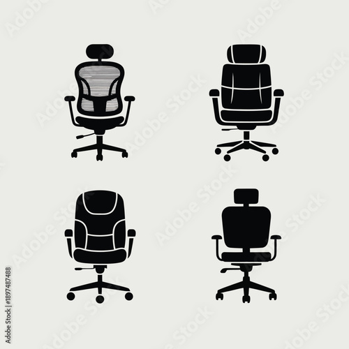 Four distinct office chairs showcasing various designs and functionalities. isolated on white background, Vector, illustration