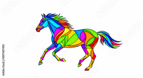 A vibrant, multi-colored horse gallops across a white background in a mosaic style