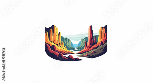 Vibrant canyon landscape with a winding river flowing through towering, colorful rock formations