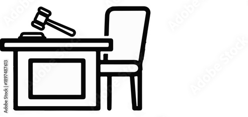 A simple line art icon shows a judge's bench with a gavel and a chair