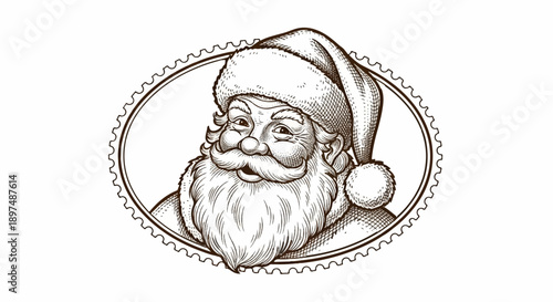 A vintage sketch of Santa Claus's jovial face, framed by a perforated oval border