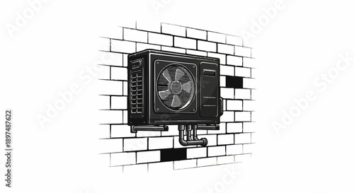 Black air conditioner unit mounted on a white brick wall with pipes