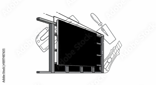 Construction scene with framing, a black panel, trowel, stapler, and utility knife