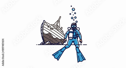 Diver explores a sunken ship, surrounded by bubbles