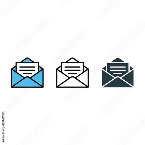 Three email envelope icons in varying colors and styles