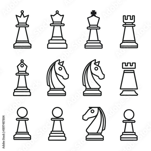 A complete set of chess pieces arranged in a symmetrical pattern isolated on white background, Vector, illustration
