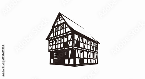 Black and white graphic of a historic half-timbered house with a steep roof and multiple windows