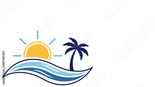 Stylized sun over waves with a palm tree silhouette
