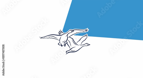 Two stylized geese in flight, one slightly behind and below the other, against a white and blue background