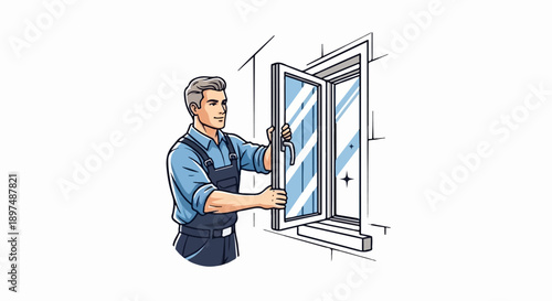 A man in overalls is installing a new window frame on a building