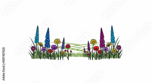 A row of colorful wildflowers with tall spiky blooms and small daisies dot the grassy foreground