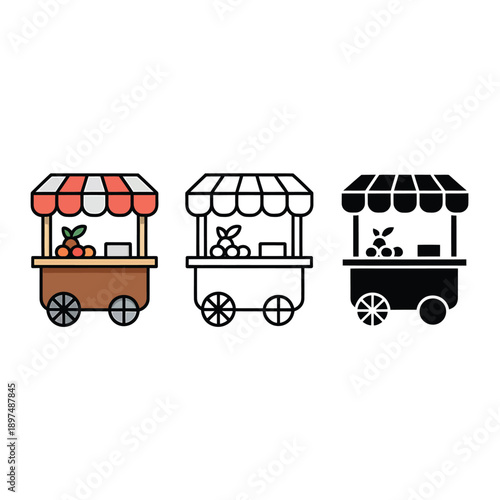 Three variations of a food cart illustration showcasing different styles