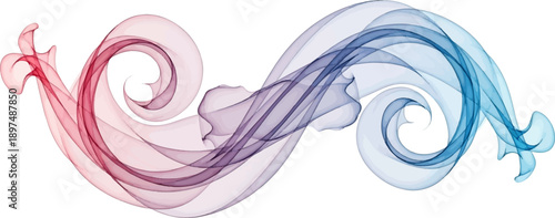 Abstract swirling ribbon of red to blue transparent wavy fabric