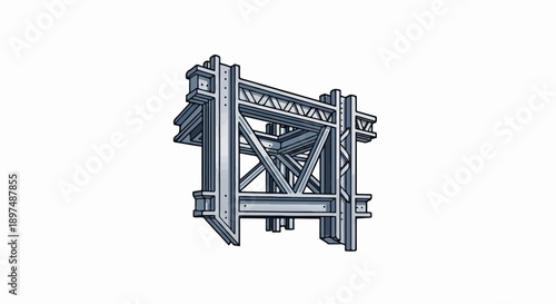 Complex metal construction structure with beams, braces, and rivets