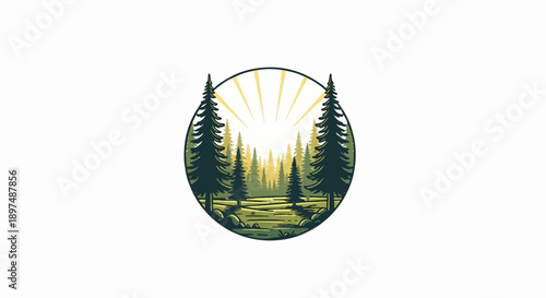 A circular emblem depicts a vibrant forest scene with tall evergreen trees under a bright sunburst