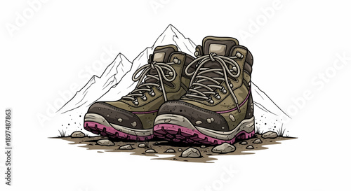 Sturdy hiking boots rest on rocky terrain with snow-capped mountains in the background