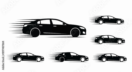 Six black sedan icons show motion blur lines indicating speed