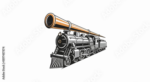 A vintage locomotive with a telescope as its chimney travels forward