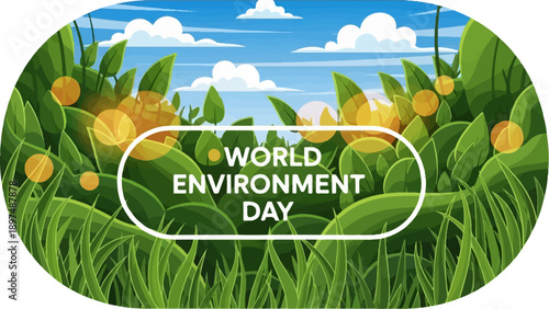 Lush green plants and a blue sky with clouds celebrate environmental awareness day