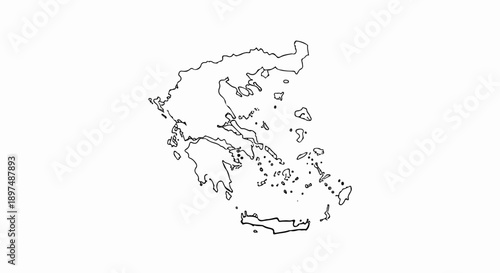 Stylized outline map of Greece, highlighting its mainland and numerous islands with bold black lines on a white background