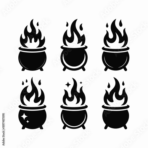 A collection of nine black cauldrons with various magical elements and flames. isolated on white background, Vector, illustration