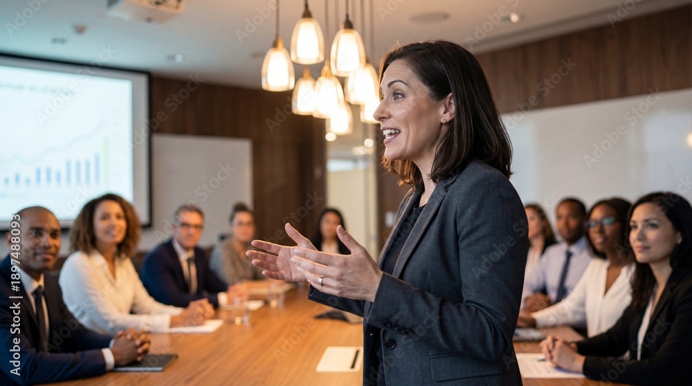 Fototapeta premium Female leader giving presentation in boardroom, professional business woman speaking at meeting, corporate leadership, office workshop, team briefing, executive coaching, group discussion.