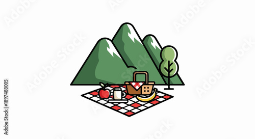 A charming, stylized illustration of a picnic scene set against rolling green mountains and a single tree. A checkered blanket holds a basket, an apple, a cup, and a banana