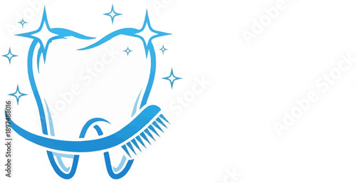 A stylized blue tooth is cleaned by a toothbrush with sparkles indicating cleanliness