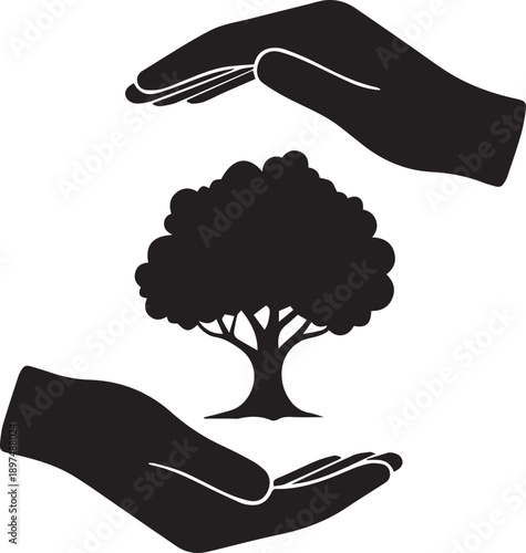 Hands protecting tree vector silhouette illustration representing environmental conservation