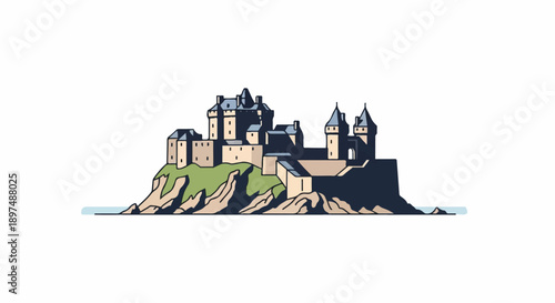 A cartoon-style illustration of a grand castle perched atop a rocky cliff overlooking the ocean