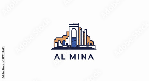 Stylized depiction of ancient ruins with Arabic text below