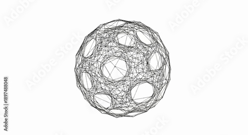Abstract geometric mesh sphere with interconnected lines and circular openings