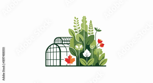 Stylized illustration of a greenhouse surrounded by lush, colorful foliage and flowers
