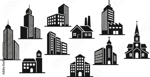 Diverse architectural icons skyscrapers, factories, churches, and public buildings