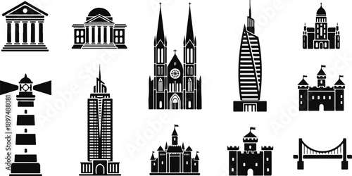 Diverse architectural silhouettes ancient, religious, modern, and historical structures