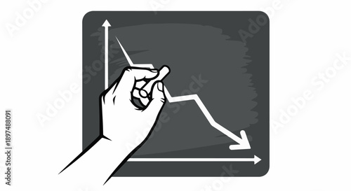 Hand draws a declining graph on a chalkboard with chalk