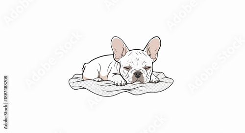 A cute, white French bulldog puppy naps peacefully on a textured blanket