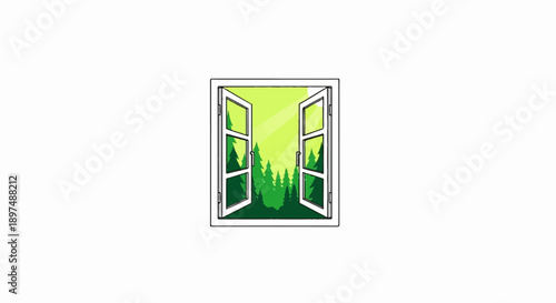 An open window revealing a bright, sunlit forest with tall, green pine trees