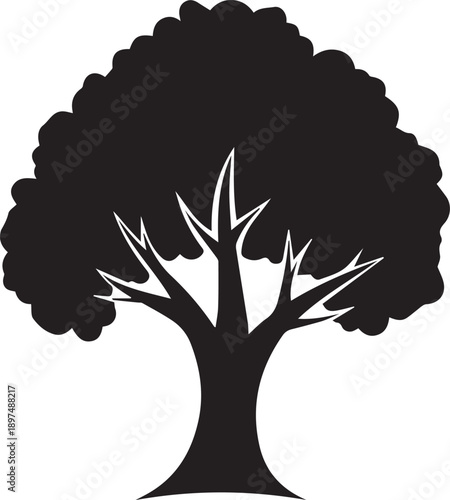 Large deciduous tree vector silhouette illustration line art mature oak shape with leafy crown