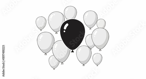 A single black balloon stands out amongst a cluster of white balloons