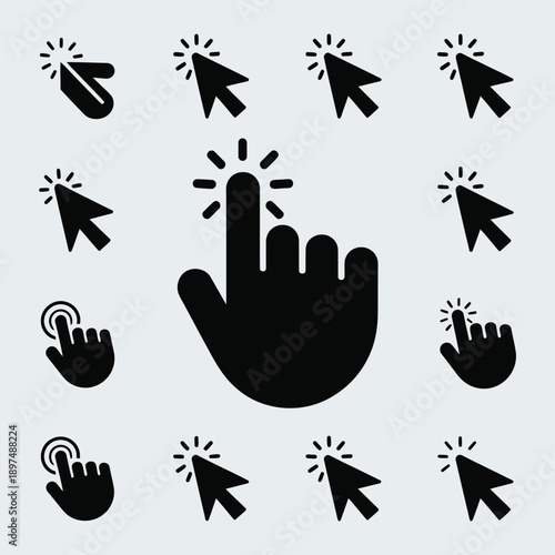 A collection of various computer mouse cursor icons surrounding a large finger icon. isolated on white background, Vector, illustration