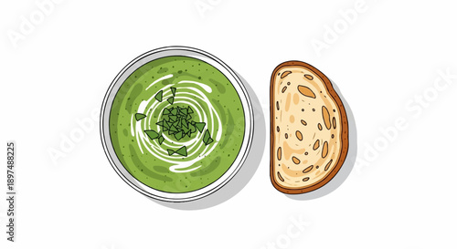 A bowl of green soup with swirl garnish and a slice of toasted bread