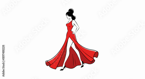 Elegant woman in flowing red gown, high heels, stylized linework