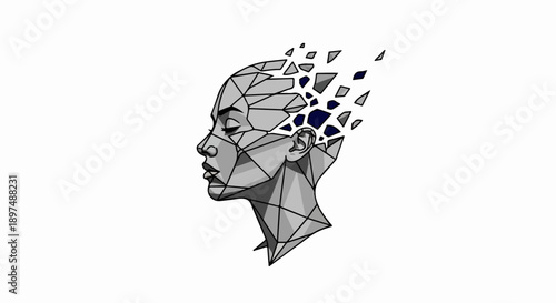 Geometric female profile dissolving into fragments