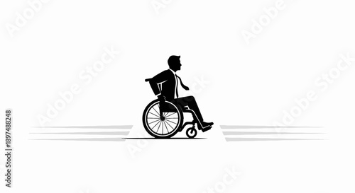 Silhouette of a person in a suit and tie riding a wheelchair