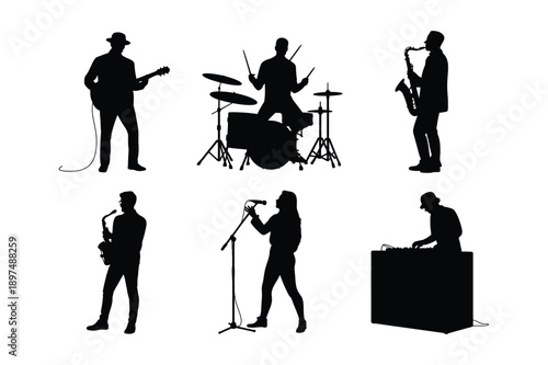 Musician Silhouettes: Guitarist, Drummer, Saxophonist, Singer, DJ
