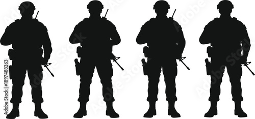 Military Soldier Silhouette Vector Set with Armed Army Troops Standing Poses, Tactical Combat Figures for Defense, Security, and War Design