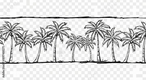 A sketchy line of palm trees with coconuts and sparse grass