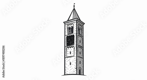Stylized medieval stone tower with arched windows and a conical roof